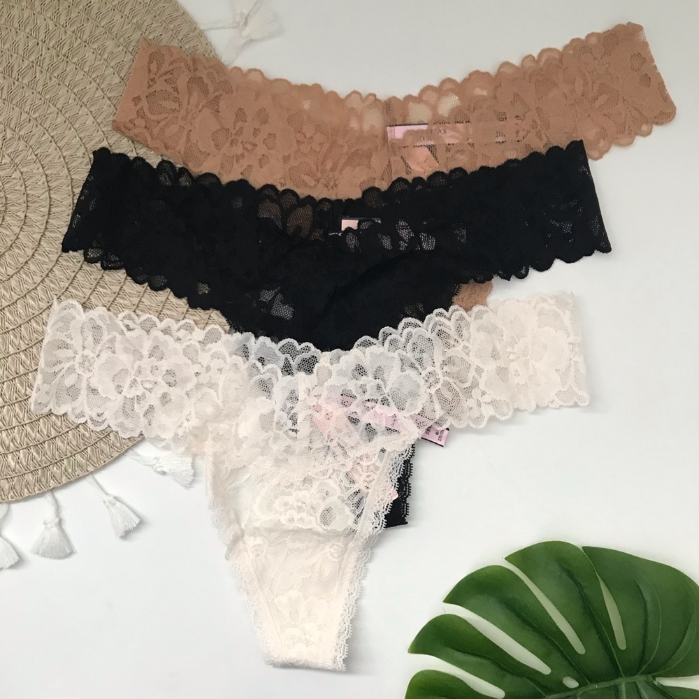 Victoria’s Secret Lace Thong Panty Neutrals Pack of 3 Large NEW